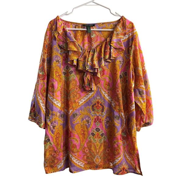 Lauren Ralph Lauren Ruffled Multicolor Paisley Cotton 3/4 Button Sleeve Top 1X - Picture 1 of 5